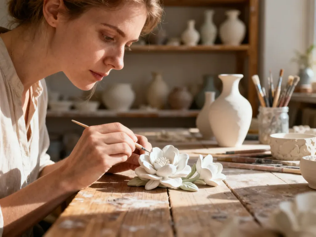 Kobieta tworzy delikatne kwiaty z masy porcelanowej na drewnianym stole w pracowni rzemieślniczej.
