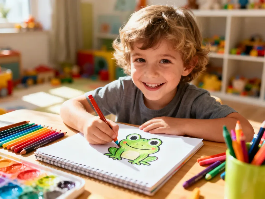 Dziecko z radością rysuje kolorową żabę na kartce papieru przy użyciu kredek w przytulnym pokoju zabaw.