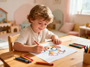 Dziecięca dłoń kolorująca prosty szkic wiewiórki na kartce papieru leżącej na drewnianym stole.