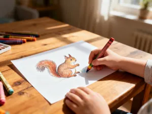 Dziecko z radością rysuje kolorowymi kredkami żyrafę na białej kartce w przytulnym pokoju zabaw.