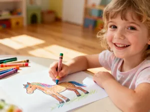 Dziecko uśmiecha się podczas tworzenia kolorowych figurek z rolek po papierze toaletowym przy drewnianym stole.