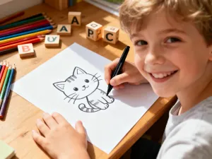 Dziecko z radością rysuje kolorowymi kredkami żyrafę na białej kartce w przytulnym pokoju zabaw.