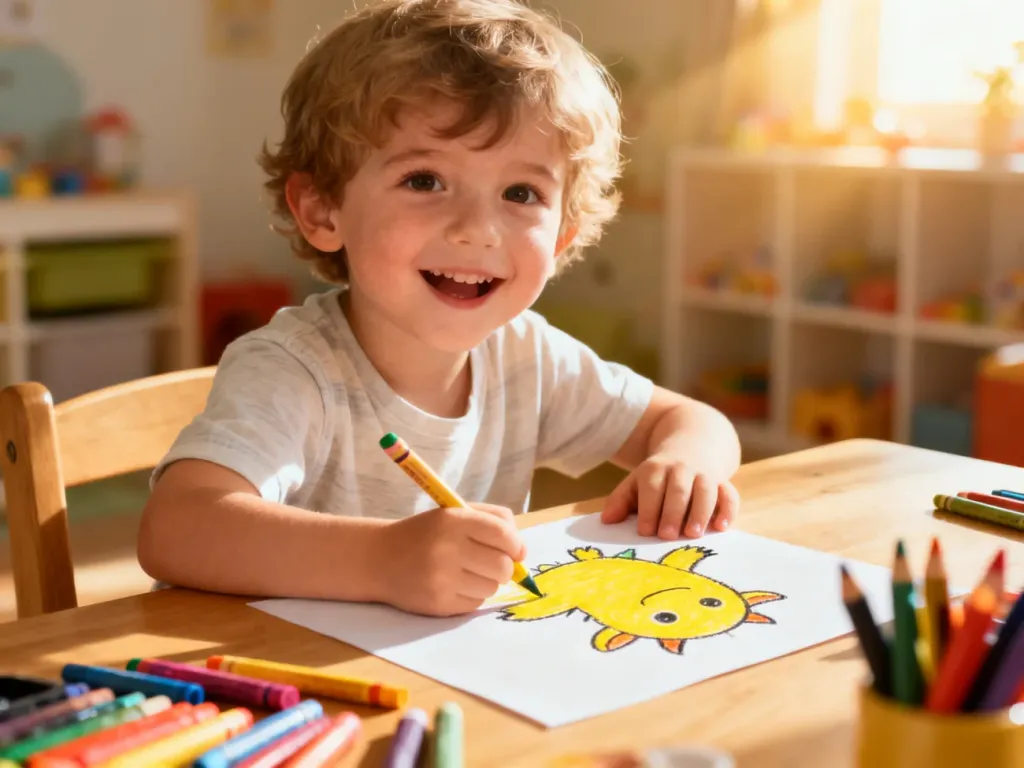 Dziecko z radością rysuje kredkami postać Pikachu przy drewnianym biurku w słonecznym pokoju.